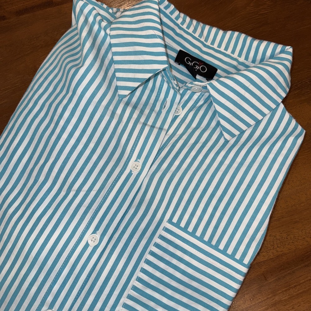 GIGIO USA Women's Aqua Striped Button Up Blouse Smal Long Sleeve Pocket‎ Tunic